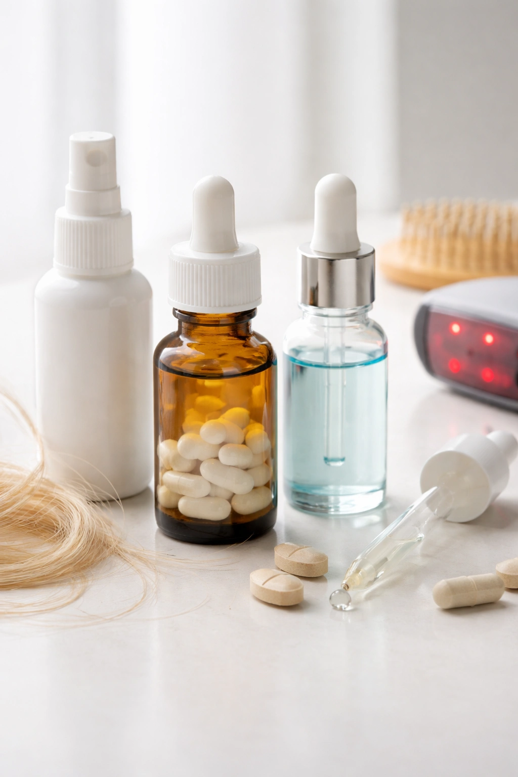 Unlabeled bottles for melatonin and other hair loss treatments