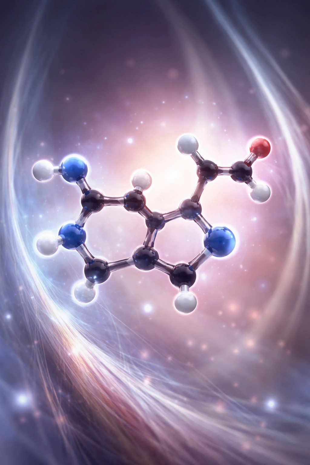 Melatonin molecule with soft glow on a neutral backdrop, abstract reference to hair growth