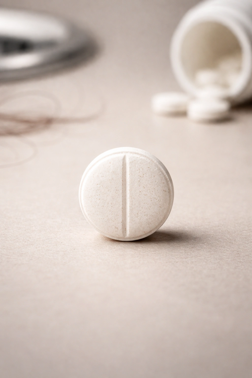 Single melatonin pill on a plain neutral surface, photorealistic macro shot