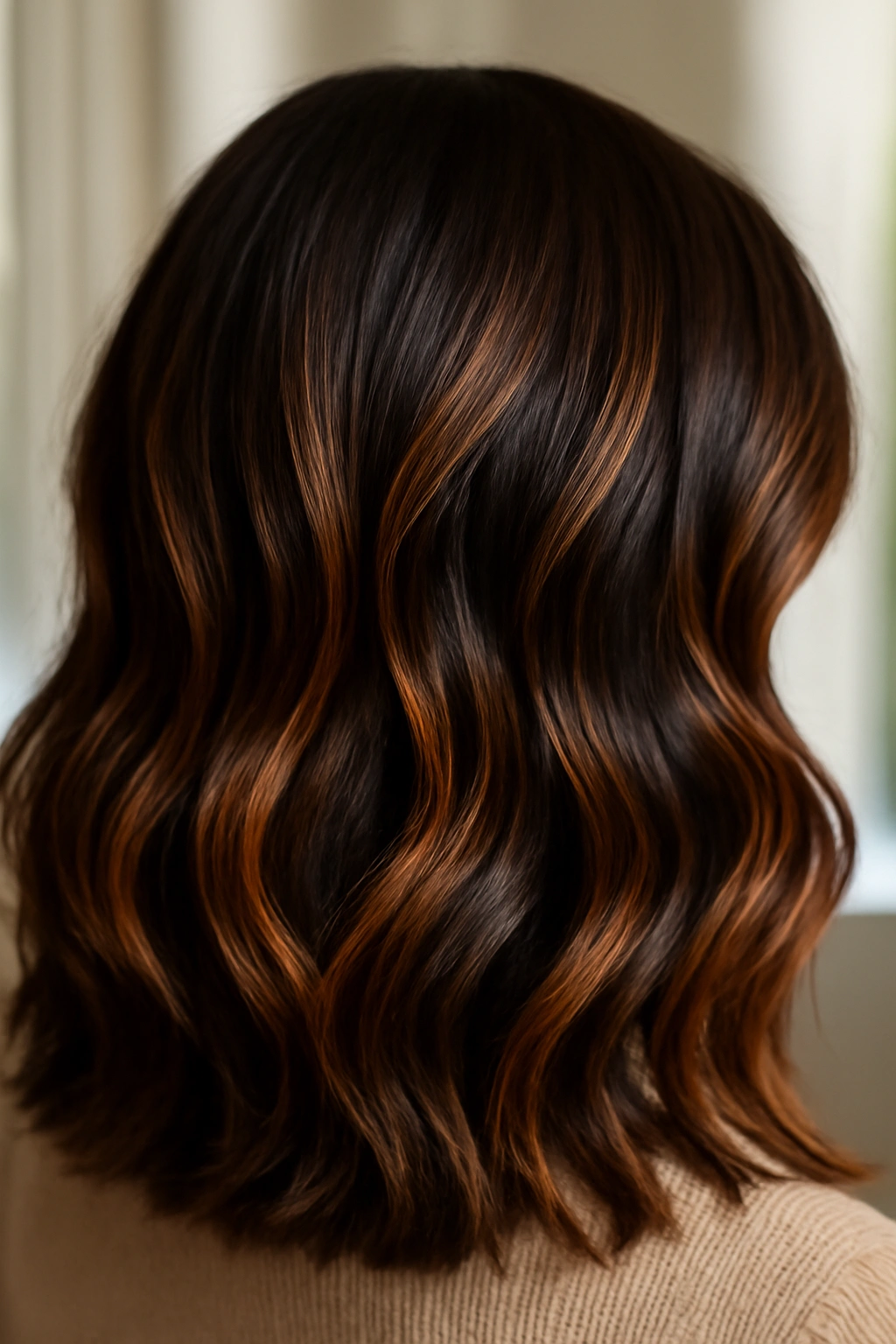 15 Dark Chocolate Hair Ideas That Look Rich and Luxurious on Every Skin Tone 3 Mid-length hair with melted caramel swirl ribbons on dark chocolate base