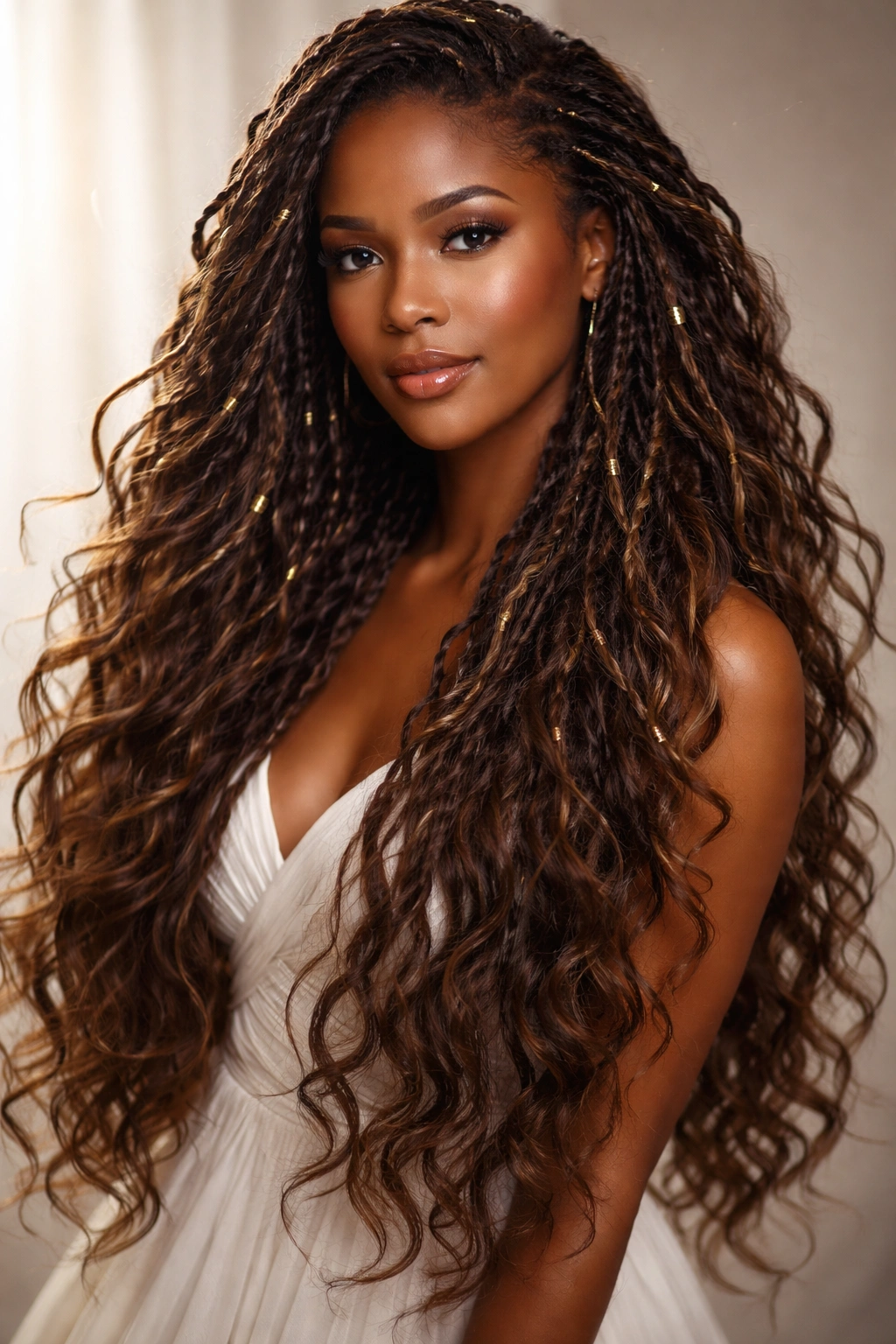 Long mermaid goddess locs with waves flowing over shoulders