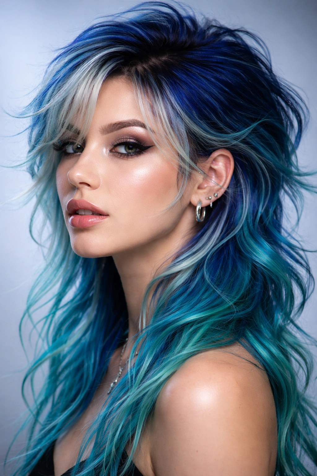 Close-up mermaid-inspired blue teal mullet with dimensional waves and iridescent highlights