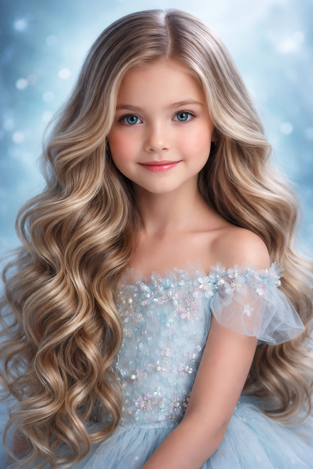 Child with romantic mermaid waves cascading down