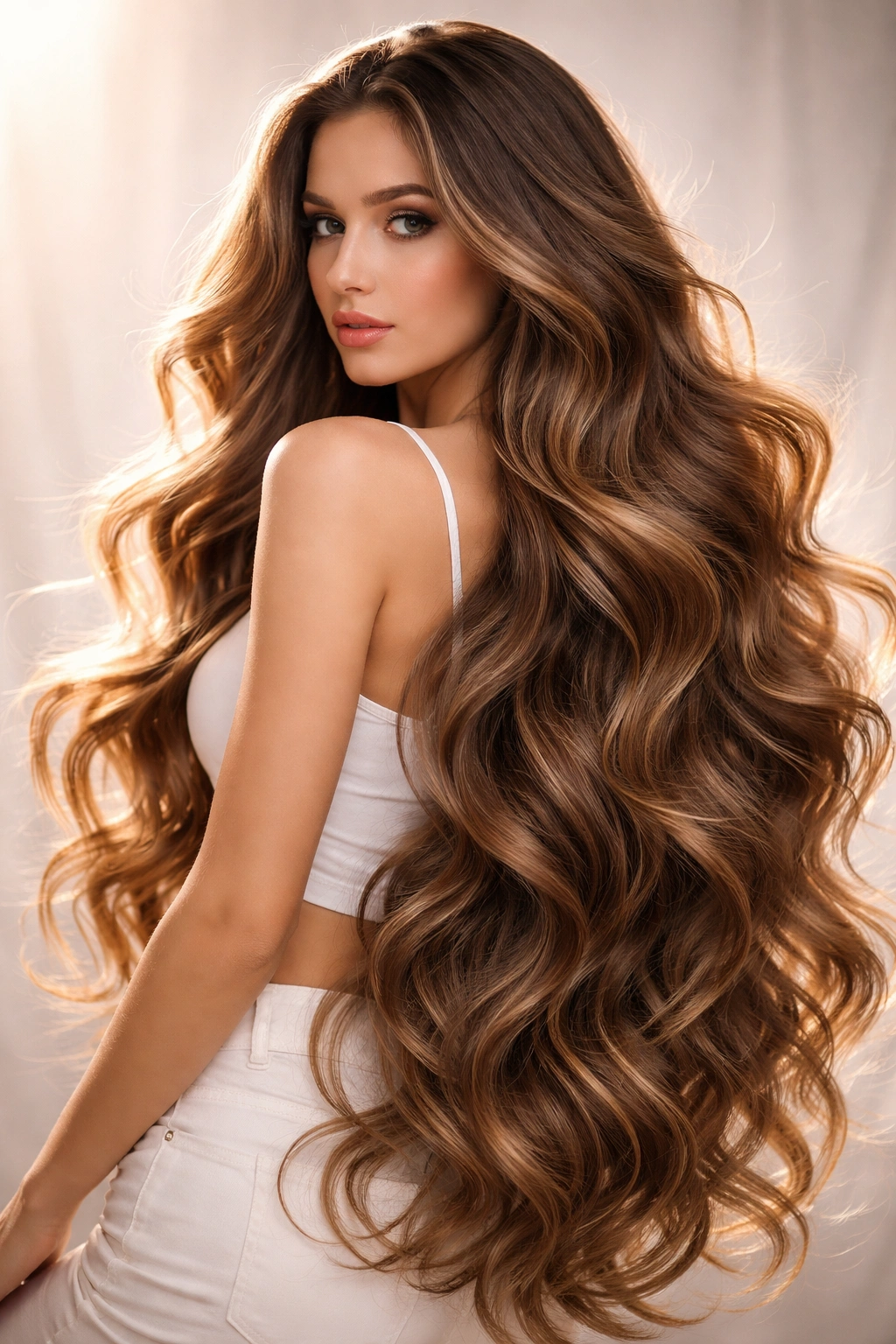 Waist-length XXL mermaid waves flowing down the back.