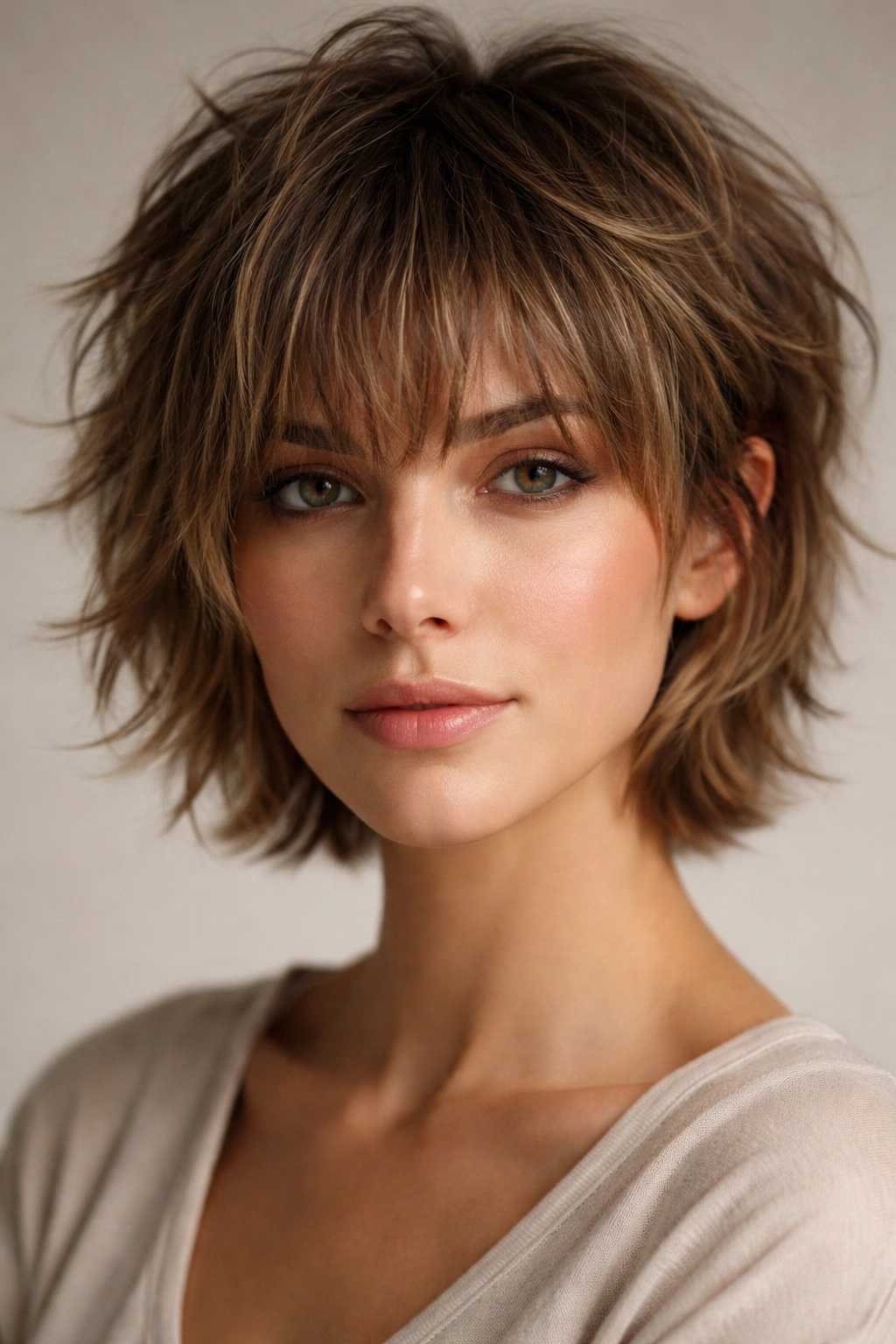 15 Short Textured Cuts That Give You Built In Volume 13 Close-up portrait of messy textured bangs framing the face with a short crown