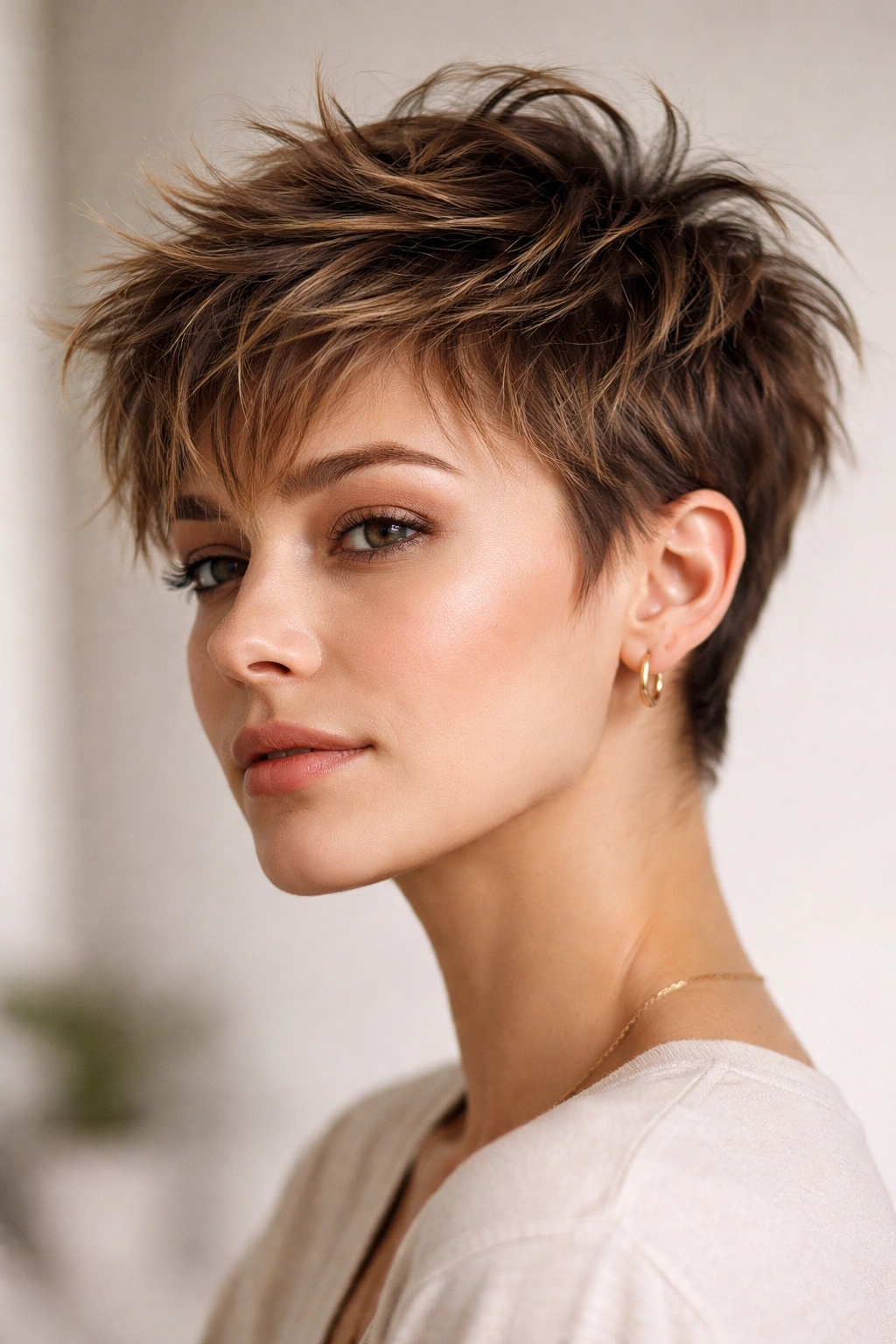 10 Short Haircuts That Work With A Small Forehead 7 Close-up of messy bedhead short haircut with textured layers