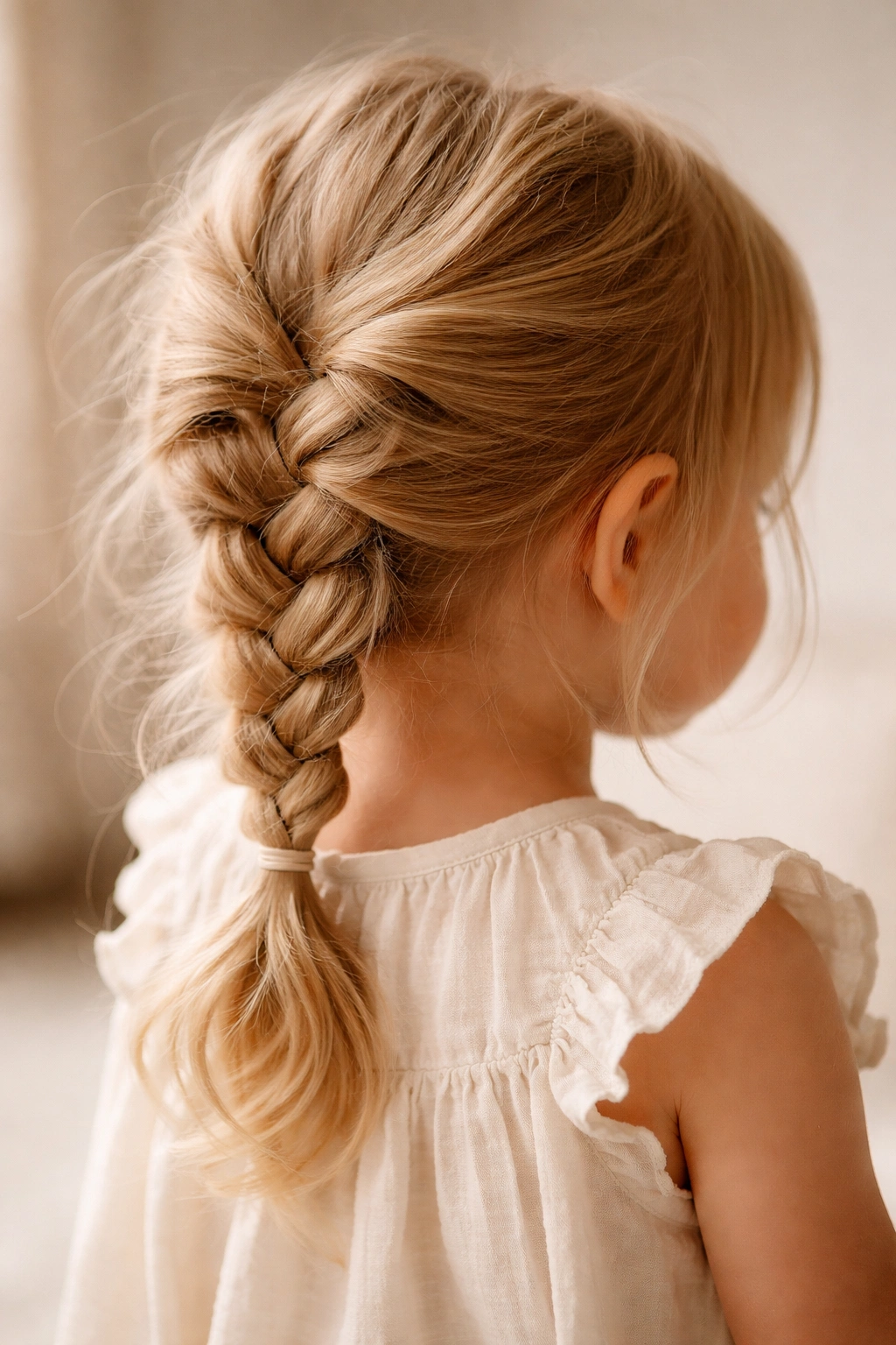 Close-up of a toddler's messy, loose braid with textured strands