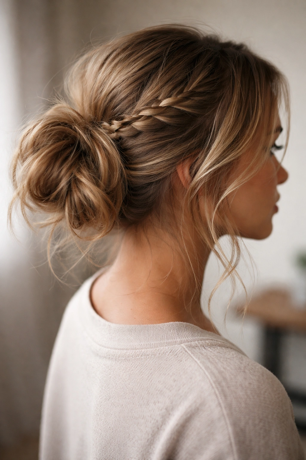 Messy side bun with a small braid accent peeking out