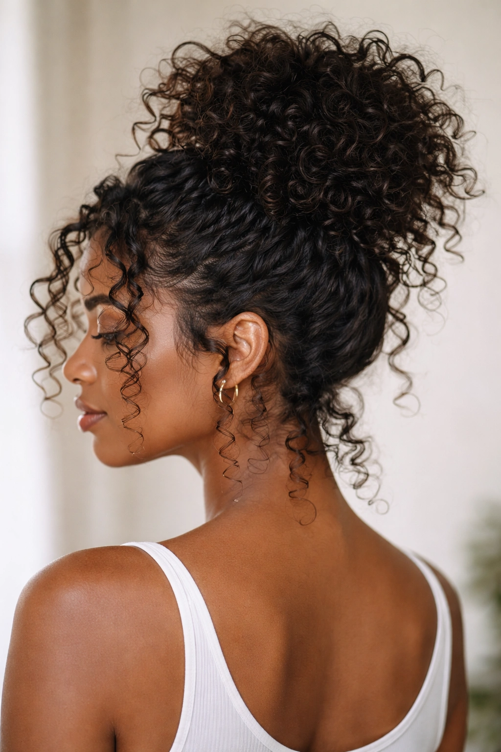 Curly hair tucked into a high bun with defined curls around the face.