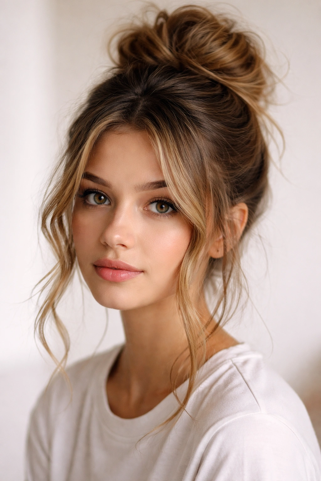 Messy bun with face-framing pieces for effortless chic look