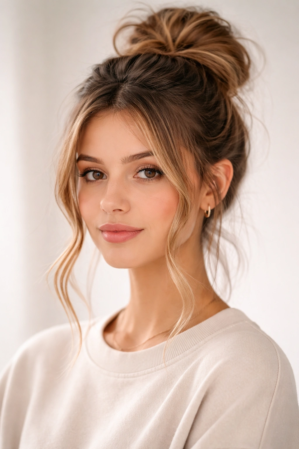 Messy bun with face-framing pieces and loose strands around the face