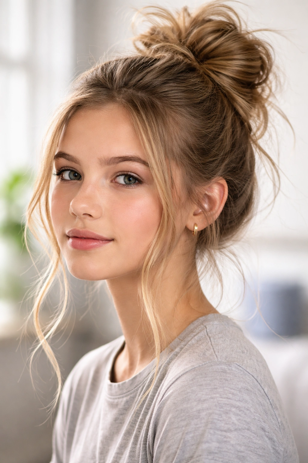 Portrait of a student with a messy bun and face-framing strands