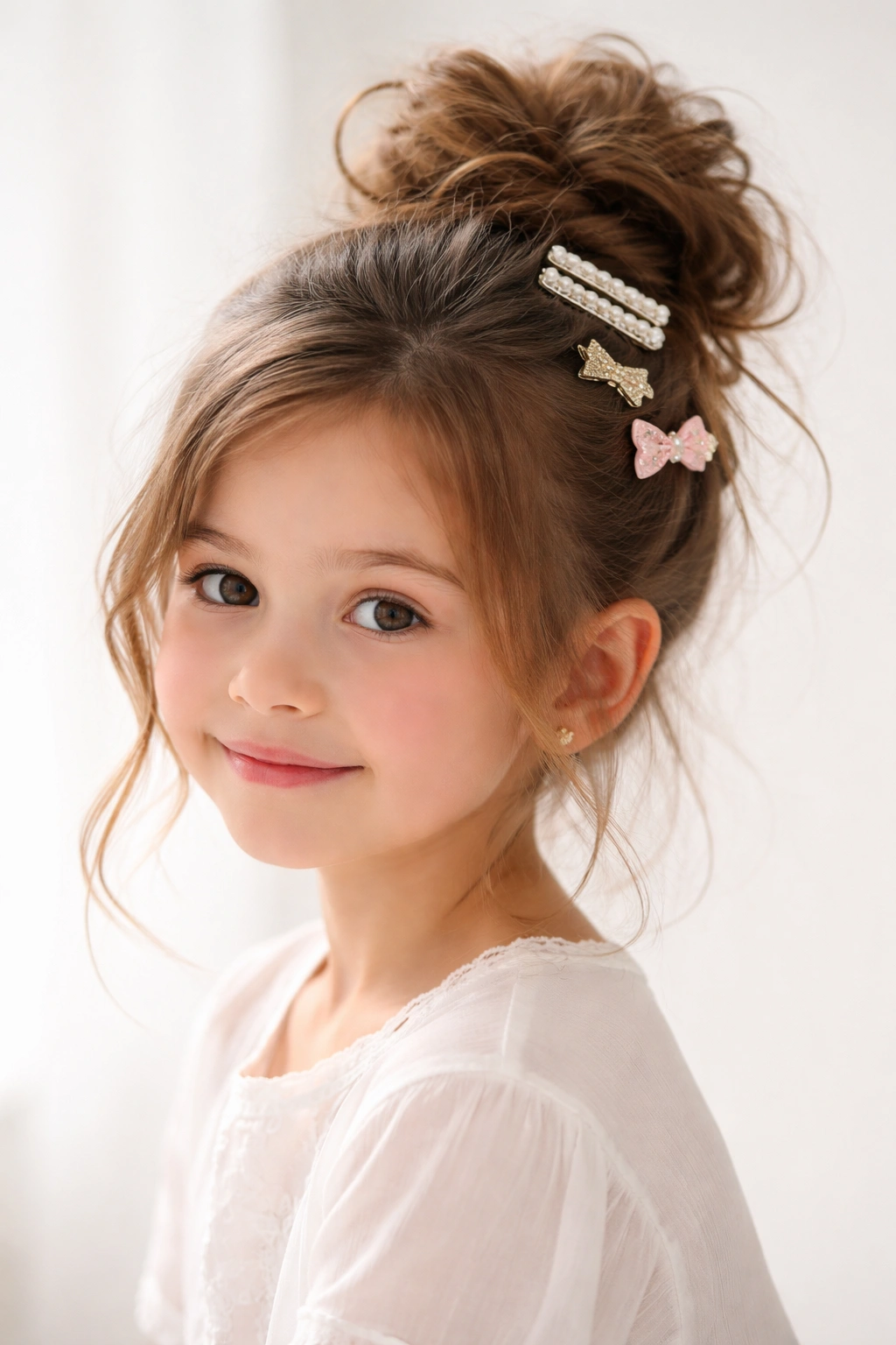 Girl with a messy bun and trendy hair clips