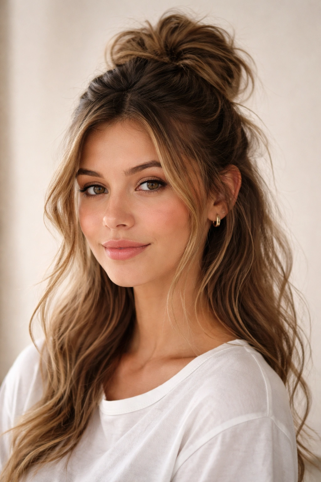 Portrait of a student with a messy bun half-up hairstyle with loose strands