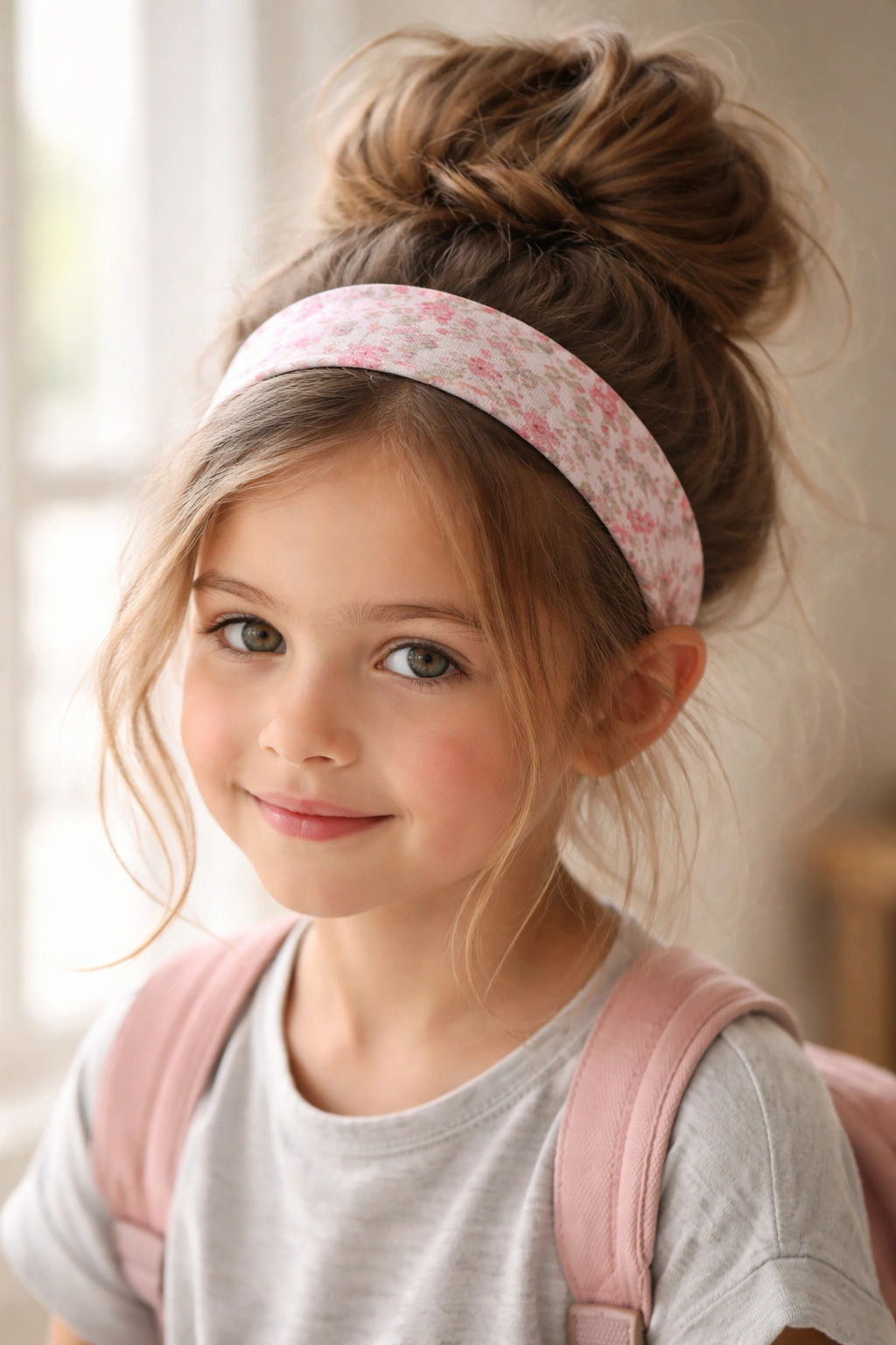 Close-up of a messy bun with a headband on a child