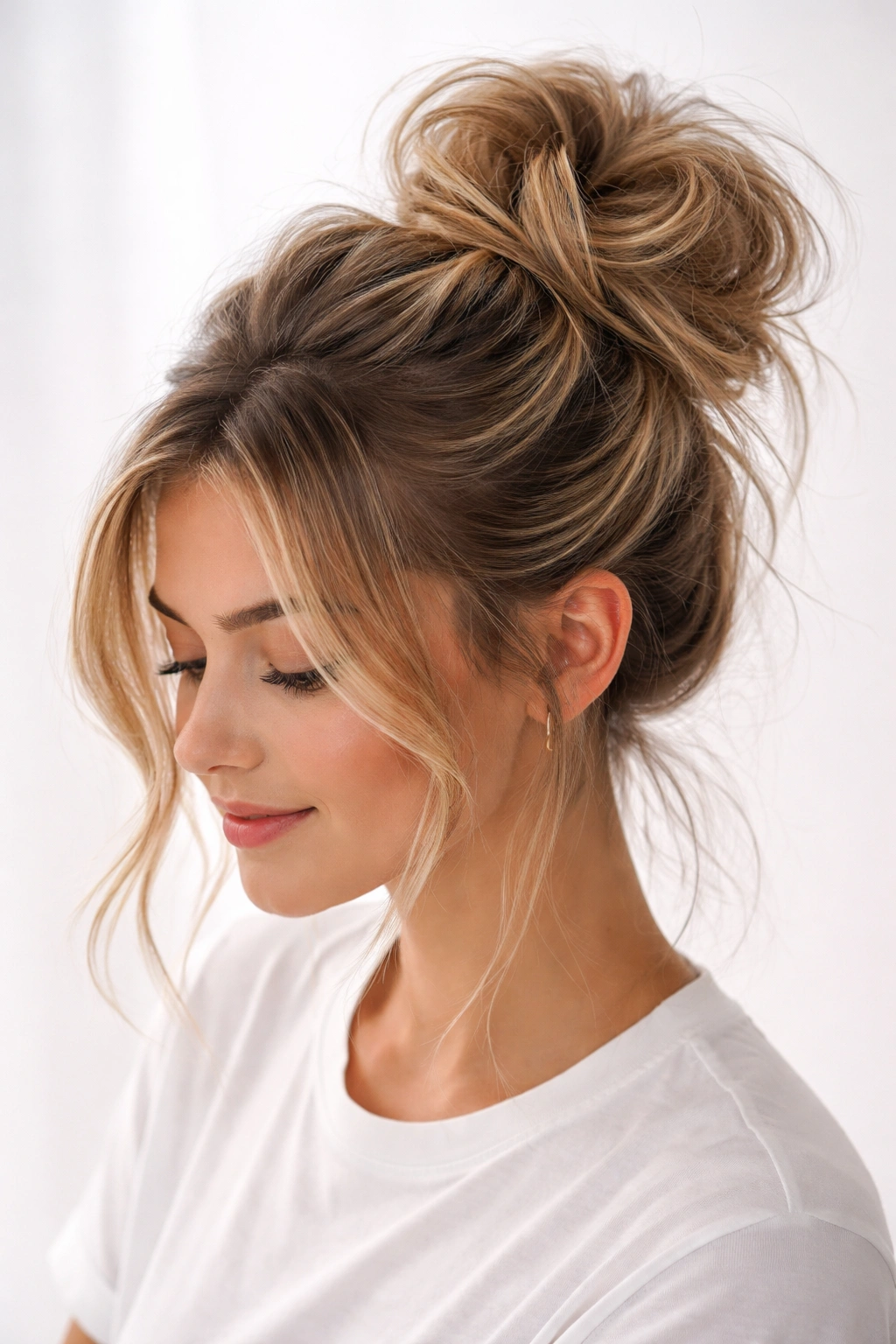 Messy bun with layered texture and loose face-framing pieces
