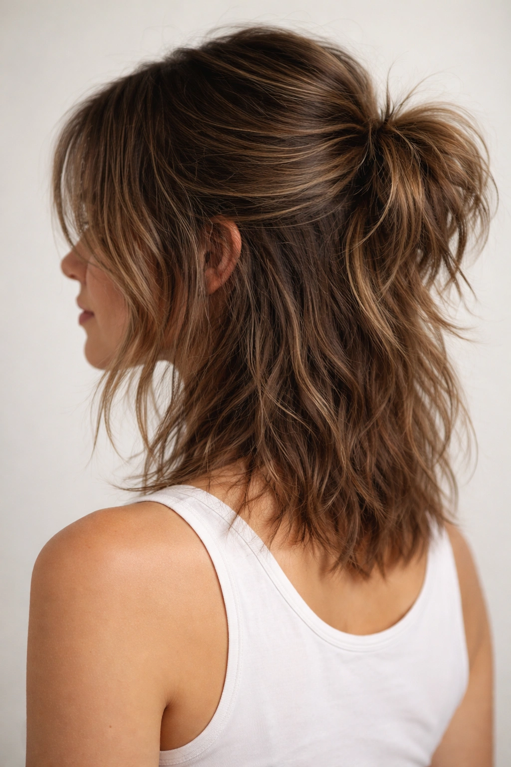 Shoulder-length hair with messy texture ready for bun