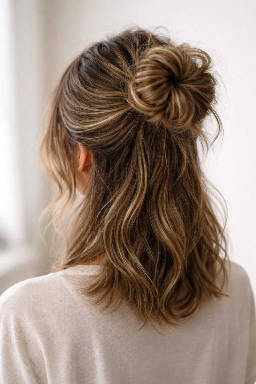 10 Haircuts That Cover Up A Crown Cowlick 9 Shoulder-length hair styled into a textured messy bun
