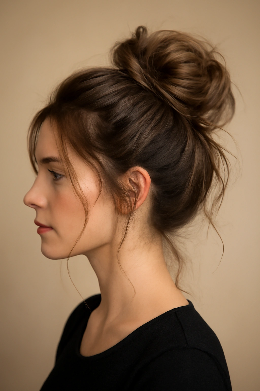 15 Ponytail Hairstyles for Work and Nights Out 8 High messy bun ponytail with loose strands framing the face