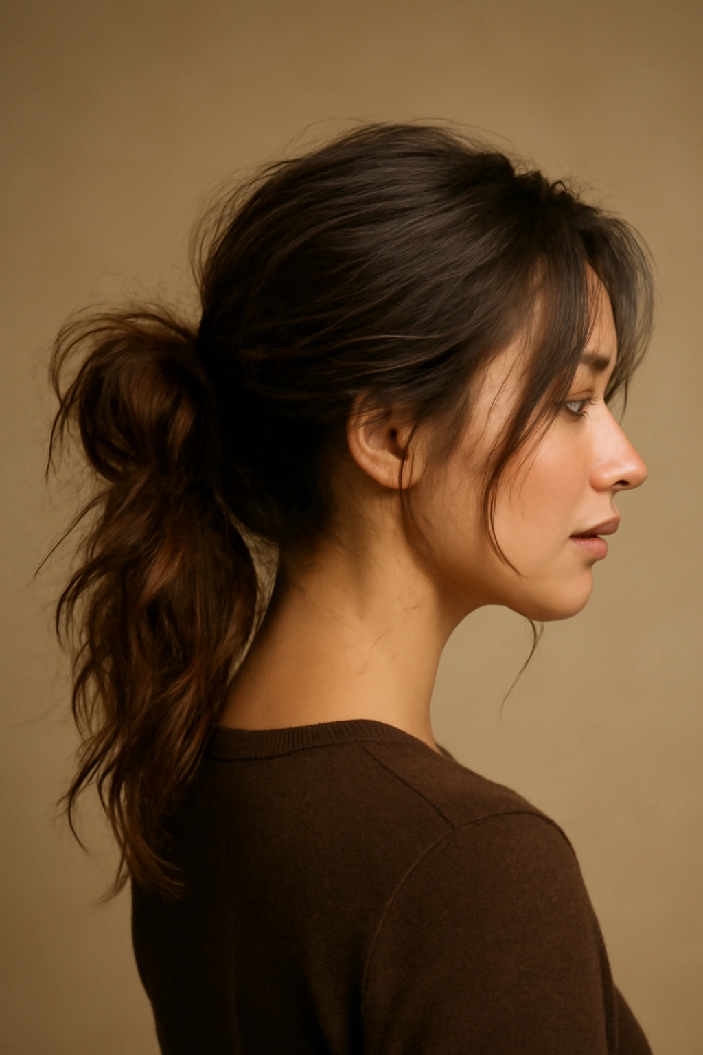 Side view of a messy bun-style ponytail with loose strands