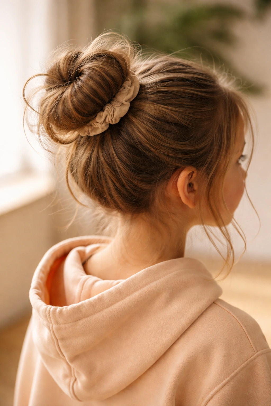Messy bun at the crown with loose strands framing the face