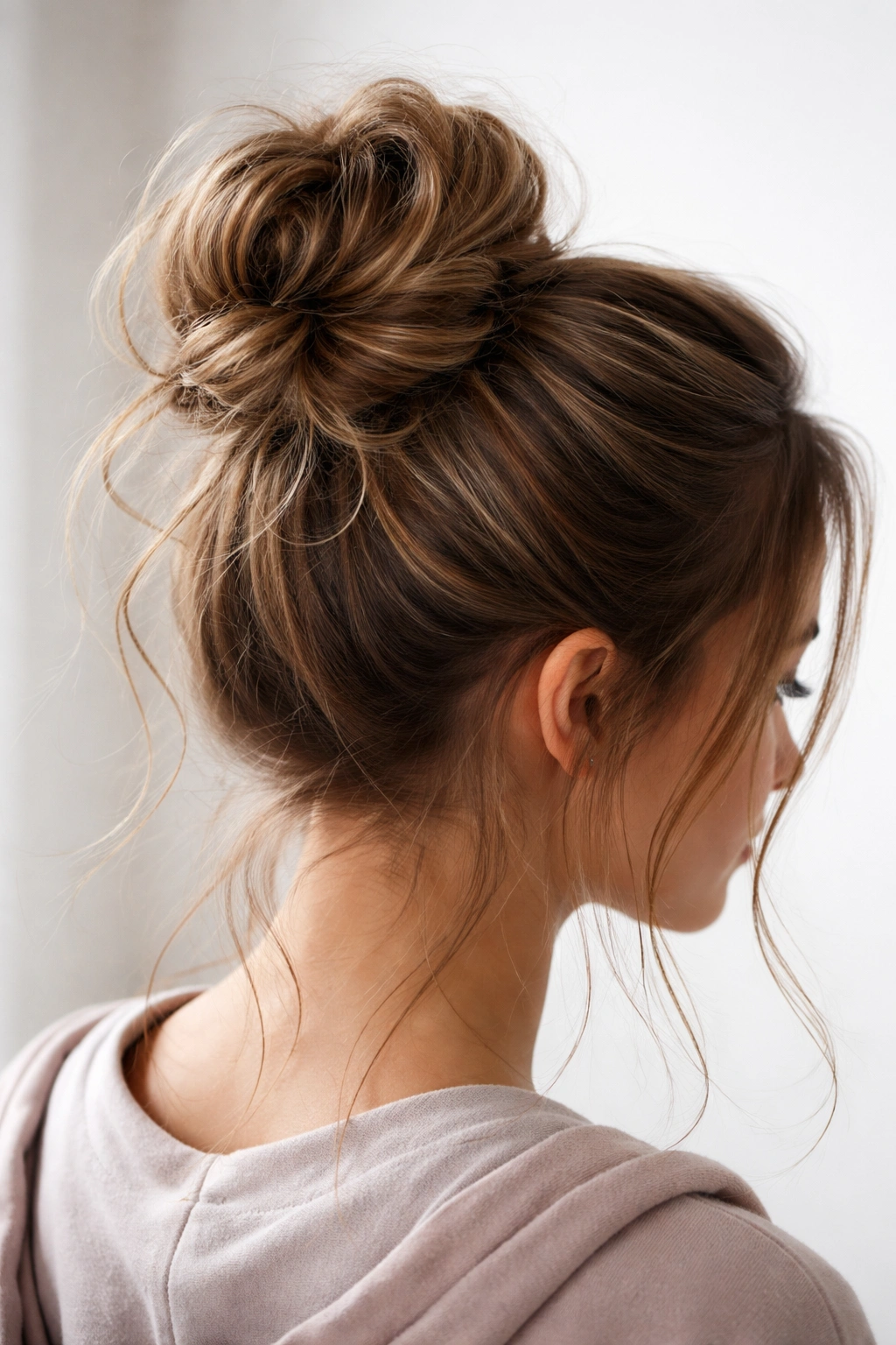 Messy bun with loose strands and textured hair