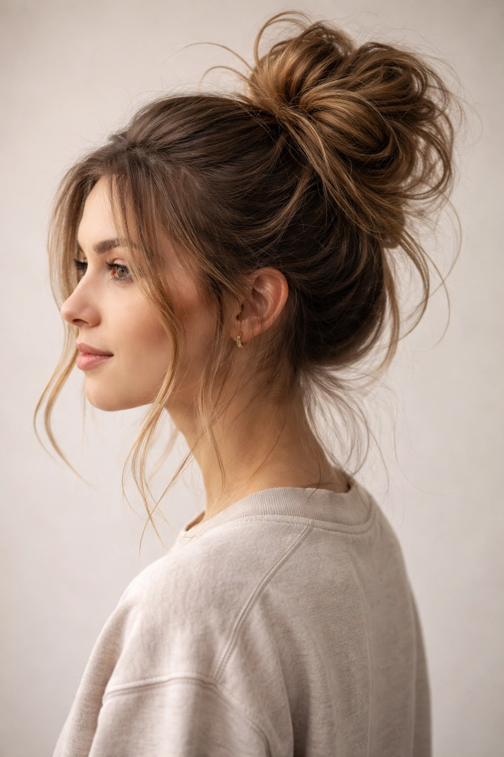 Messy bun with loose strands and textured hair