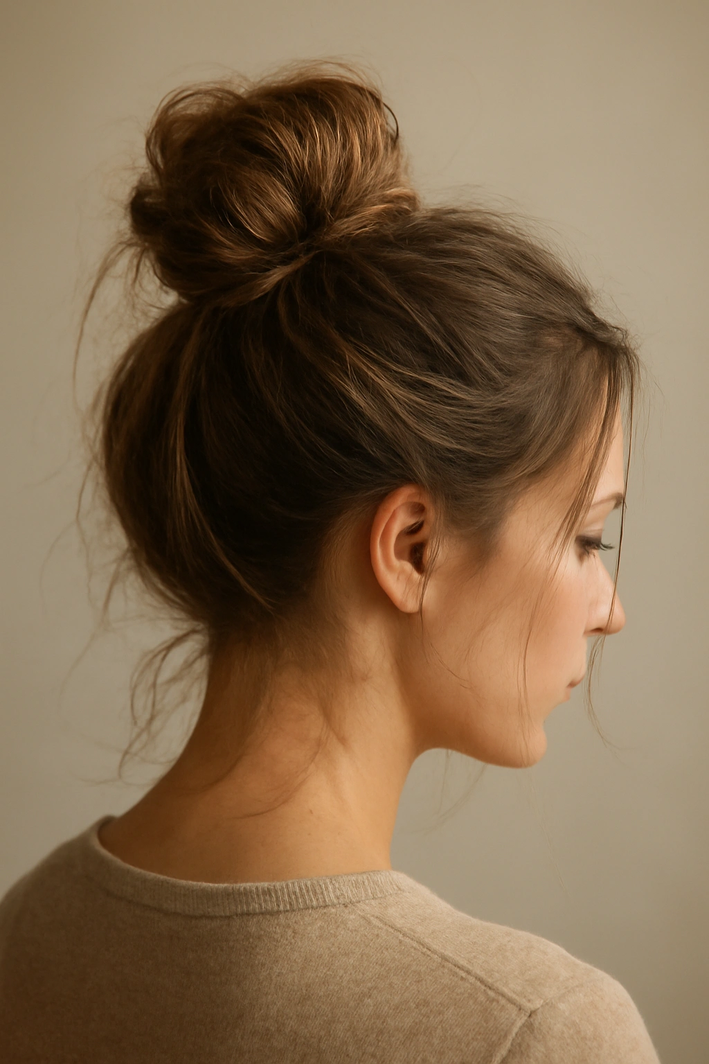 10 Quick Everyday Hairstyles in Under 5 Minutes 2 Loose, textured messy bun with wisps around the face and hidden pins.