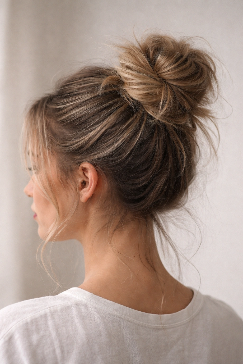 Close-up of a messy bun with textured, loosely secured strands for an intentional undone look.