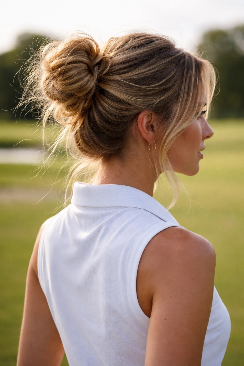 10 Hairstyles That Look Great On The Golf Course 6 Back/side view of a textured messy bun with loose strands framing the face