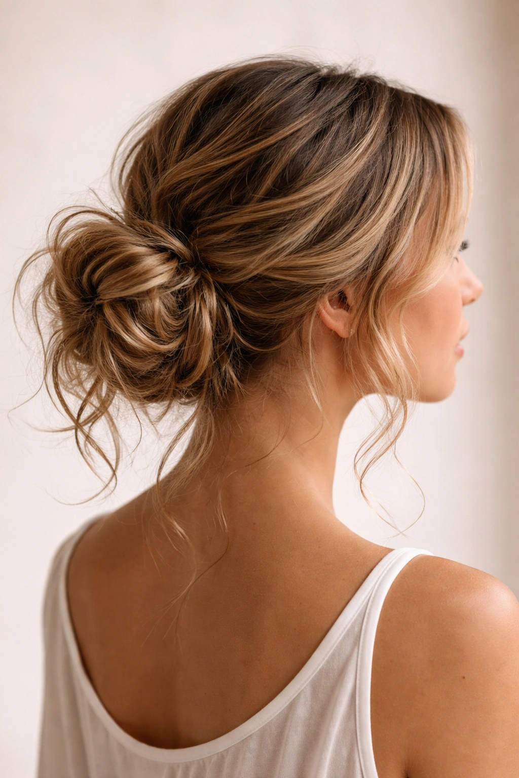Low messy bun with wavy texture and face-framing pieces