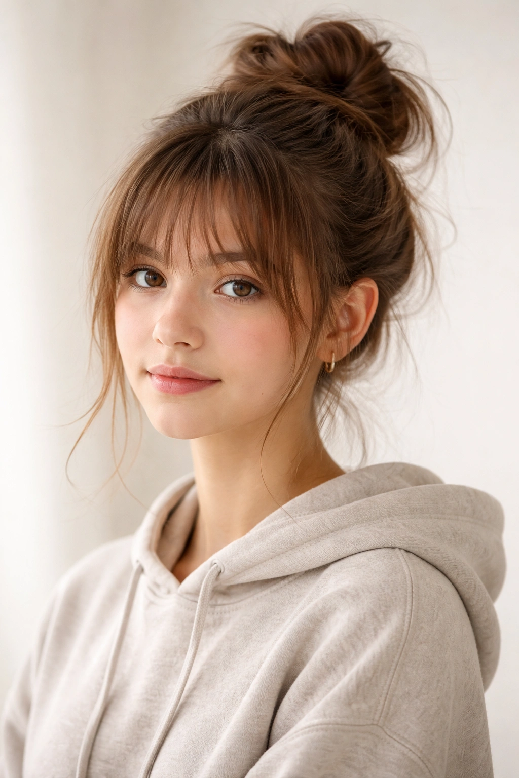 High bun with wispy bangs