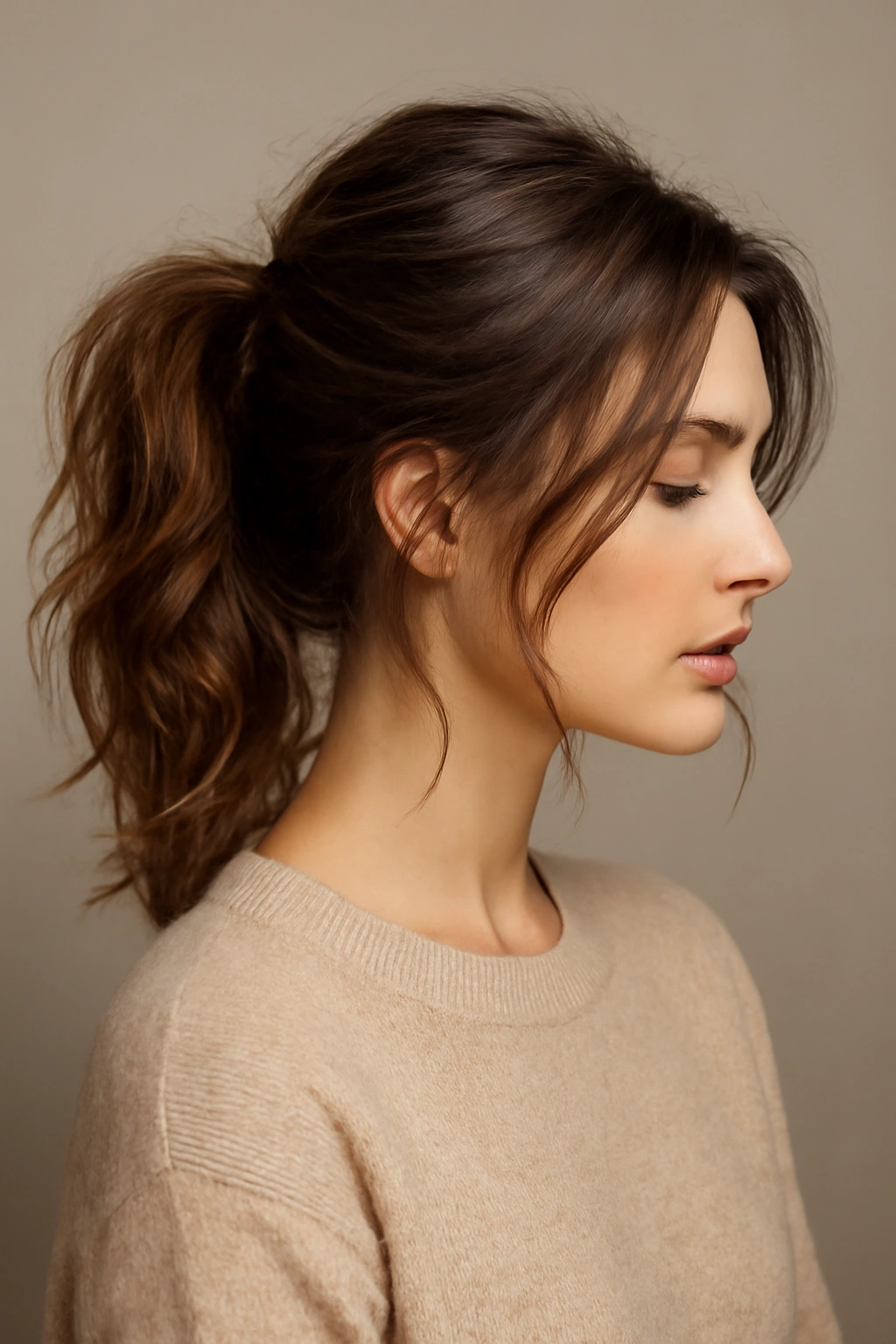 Portrait of a textured messy chic ponytail with face-framing pieces