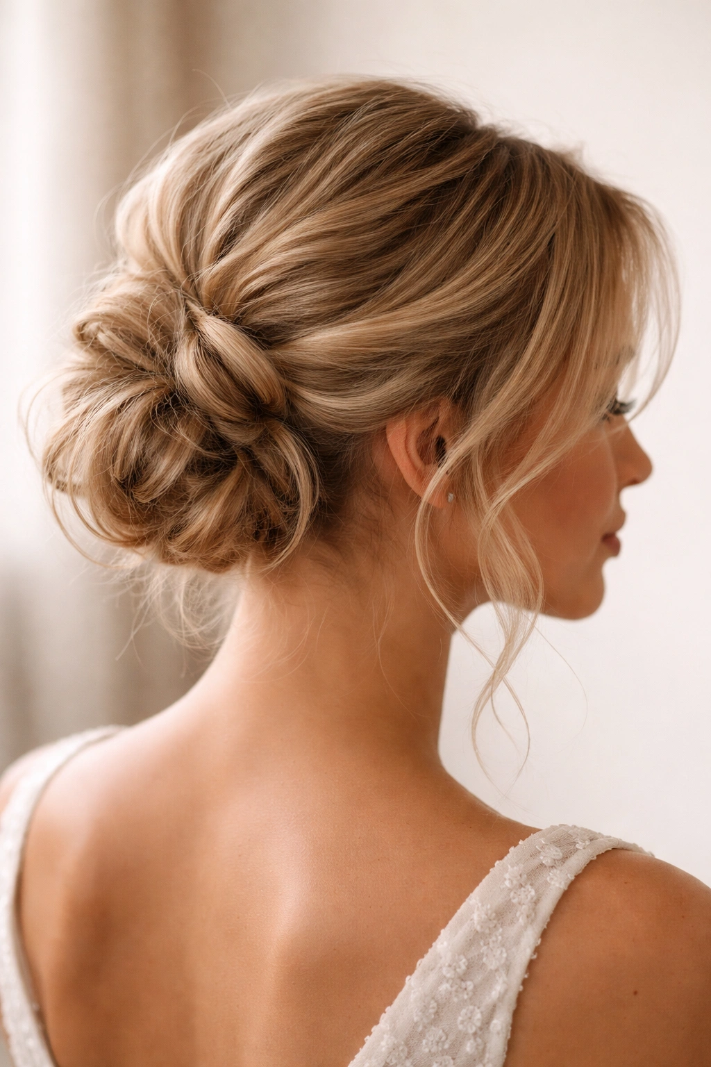 Loose, textured bun on short hair with face-framing pieces.