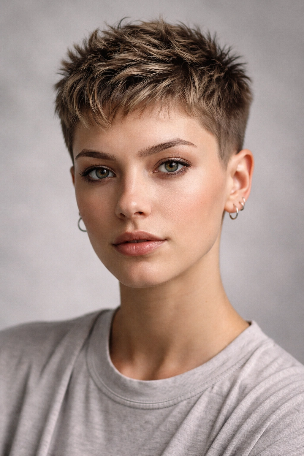Front portrait of a messy crew cut showing textured top and uniform short sides