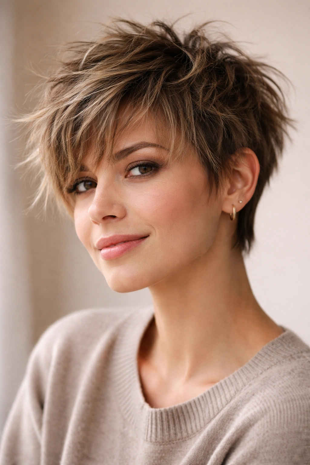 Close-up of a short, choppy messy crop with textured layers