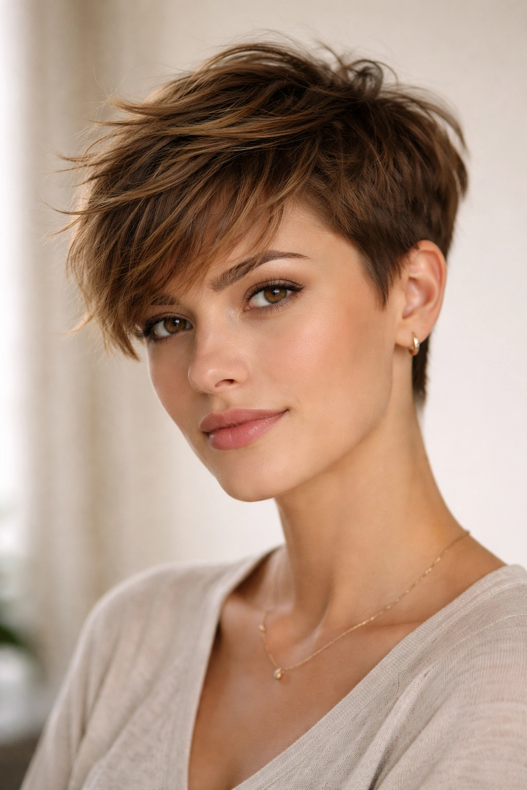 15 Short Haircuts That Soften A Square Jawline 14 Portrait of a person with a messy crop and longer top for soft framing