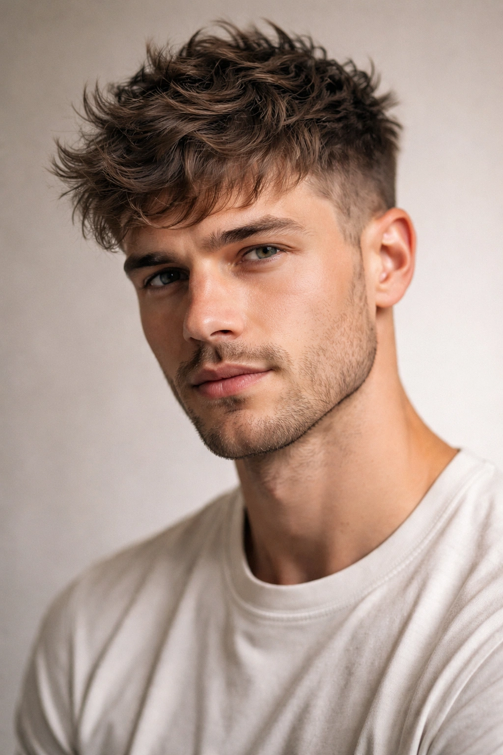 Portrait of a man with a messy crop showing a textured, tousled top and short sides