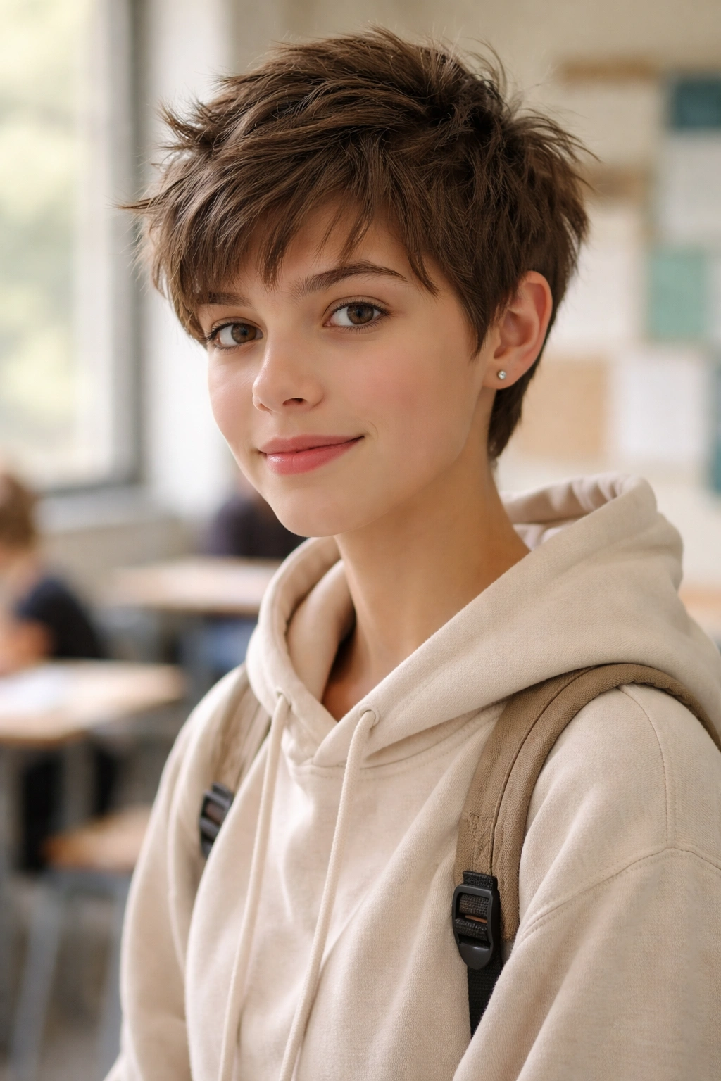 Student with messy cropped textured haircut in classroom