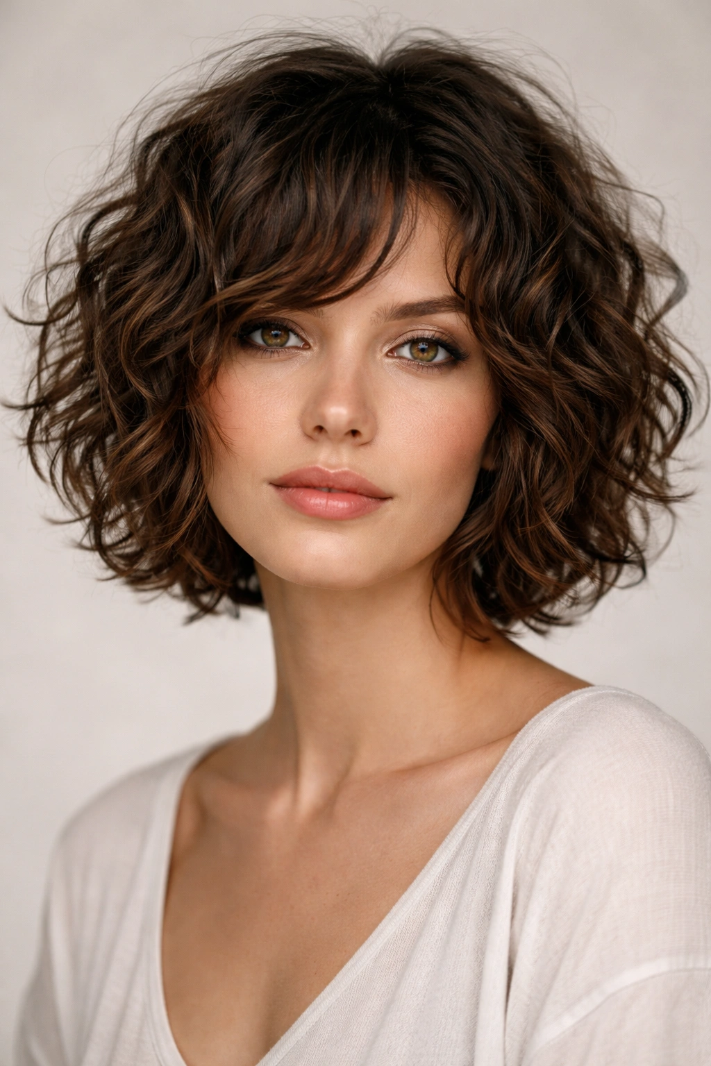 Close-up of a woman with a messy curly bob showing texture and separation in curls