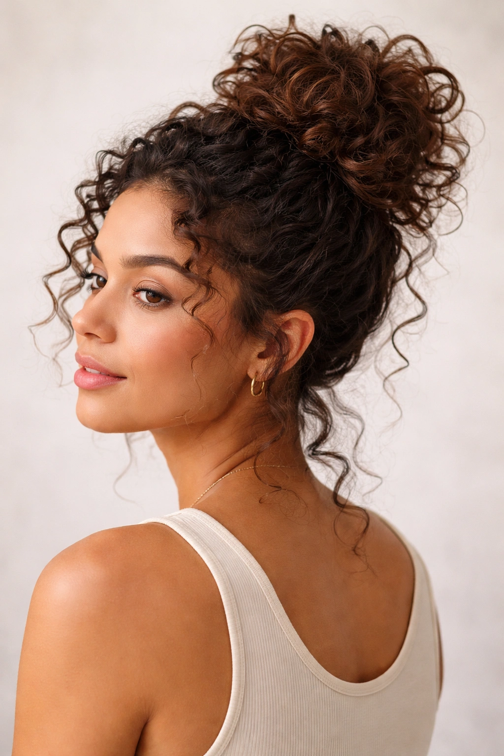 Close-up of a messy curly bun with textured curls in a neutral studio setting
