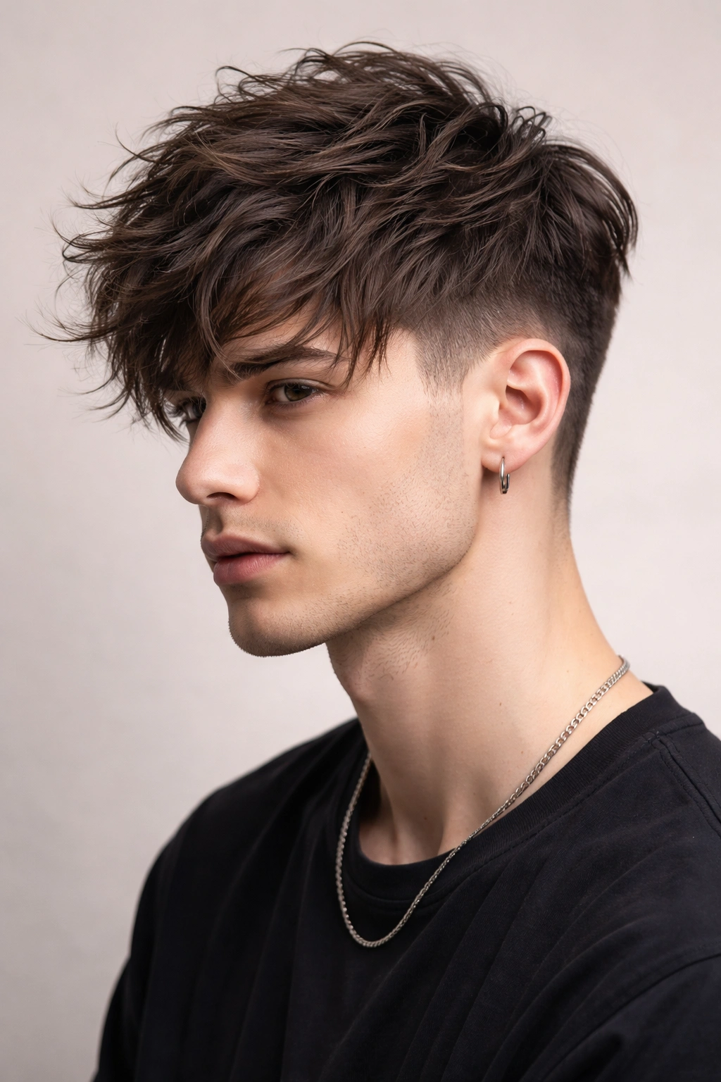 Messy low fade with long top hairstyle on man in studio highlighting textured top and subtle fade