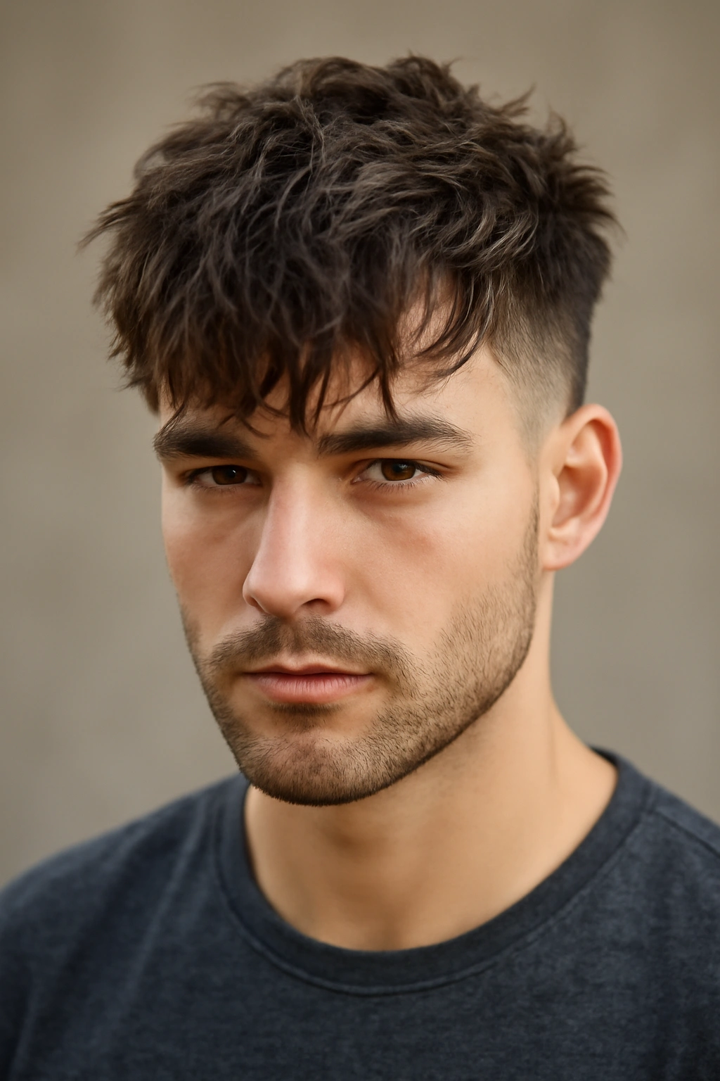 20 Men's Haircuts Matched to Face Shape and Hair Type 15 Close-up of a man with a messy fringe and fade, textured top