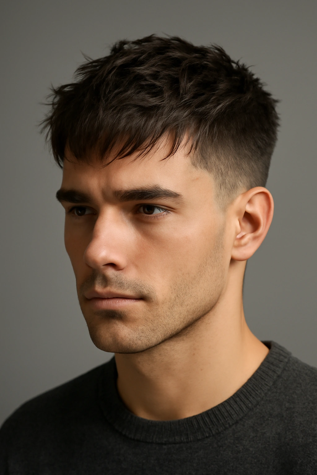 15 Sharp Short Haircuts Every Man Should Try 13 Close-up portrait of a person with a textured messy fringe haircut and tapered sides.
