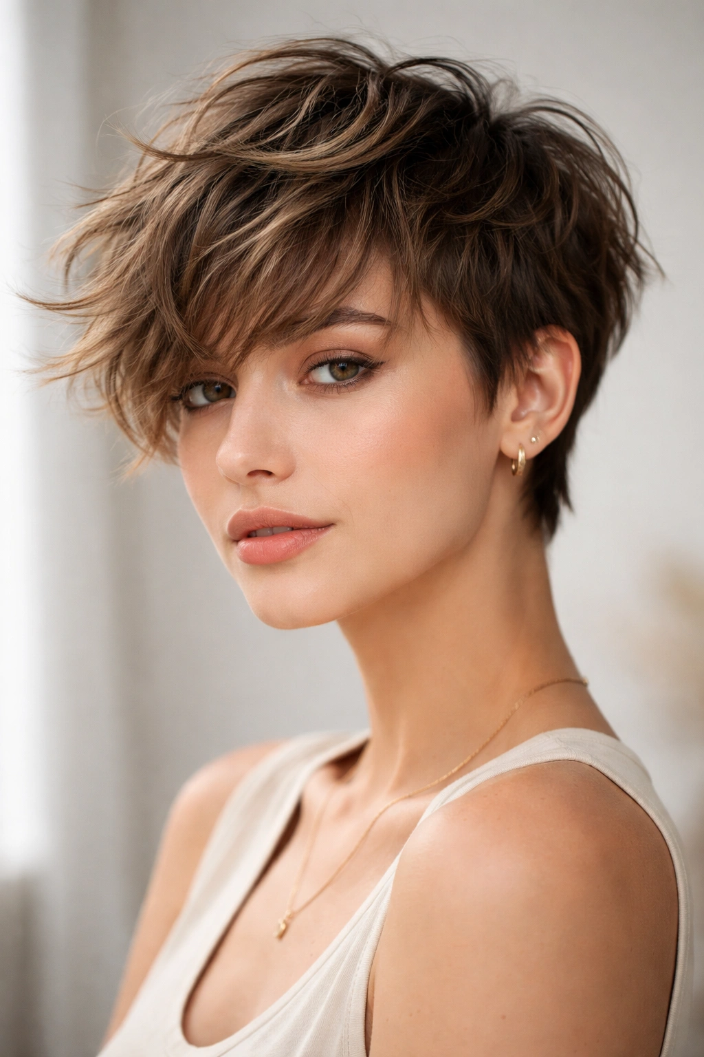 10 Wavy Pixie Cuts That Almost Style Themselves 4 Close-up of a pixie with a messy fringe and wispy layers