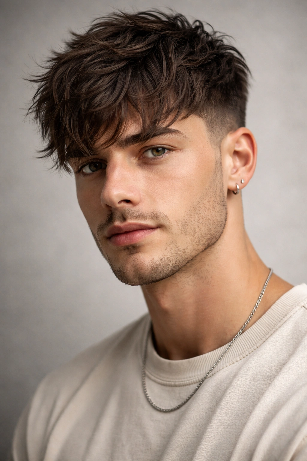 Messy fringe with tapered sides hairstyle with tousled front