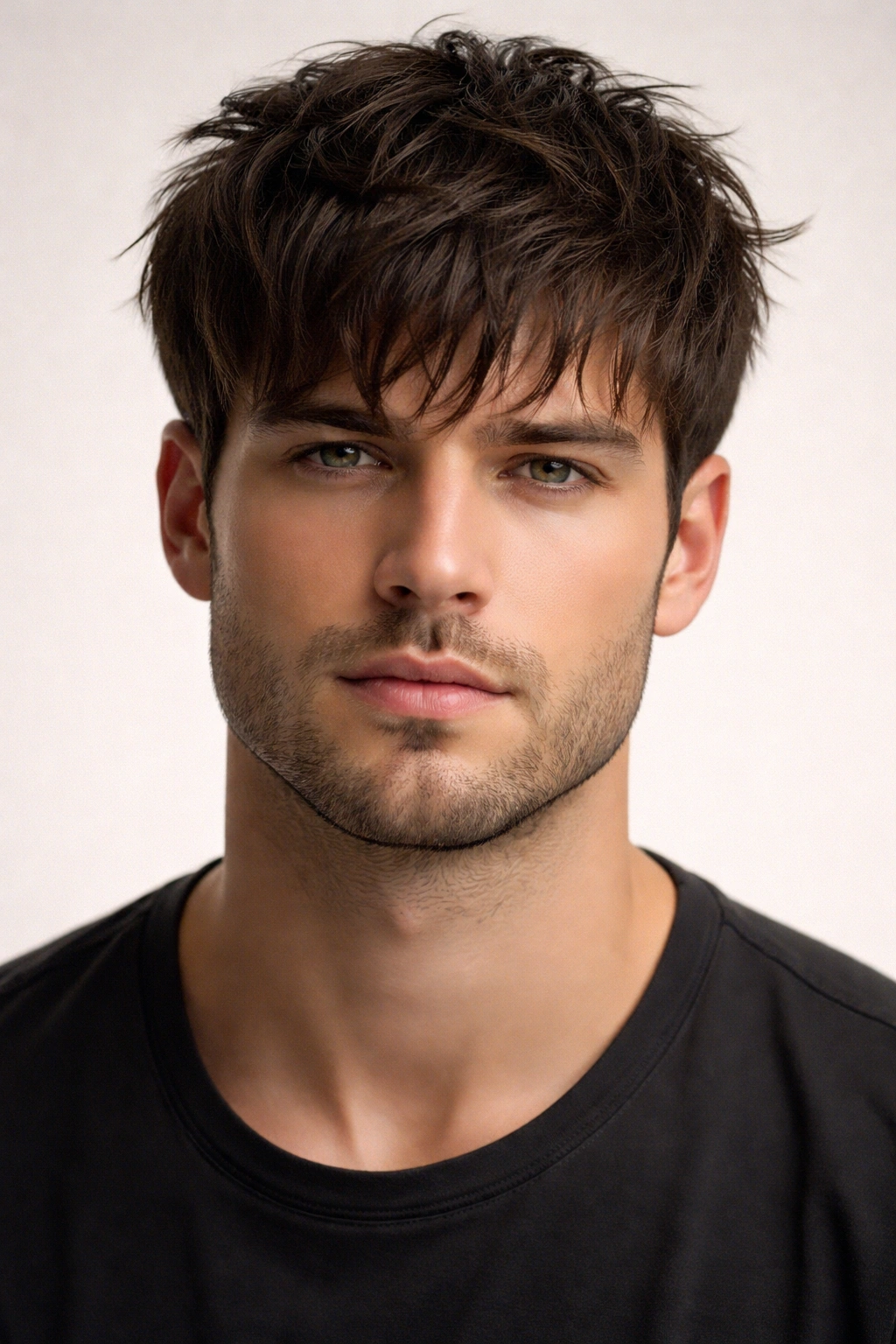 Medium-length hair with a textured, messy fringe across the forehead