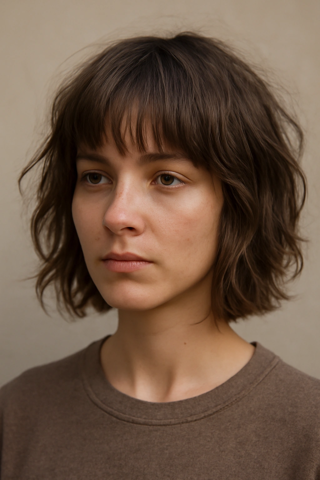 15 Wash and Go Haircuts That Need Almost No Effort 12 Messy fringe with textured, eyebrow-length bangs in a studio portrait.