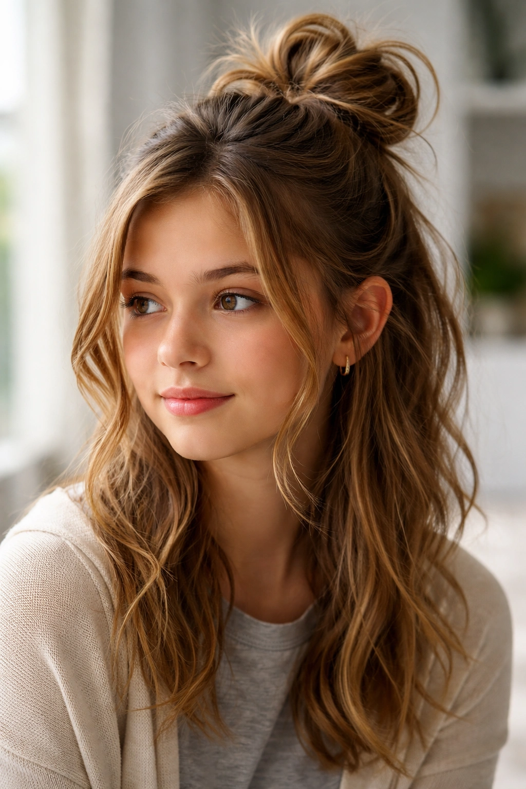 Teen with a messy half-up bun and face-framing pieces