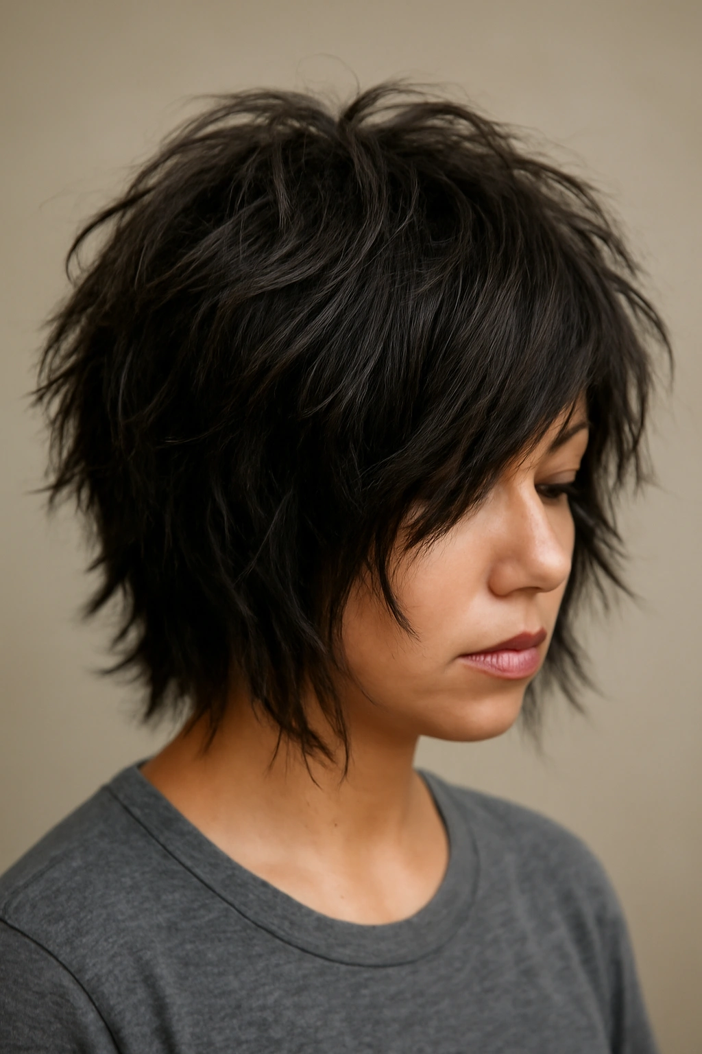 15 Wash and Wear Haircuts by Hair Texture 8 Thick hair with messy, choppy layers creating texture and movement; no text.